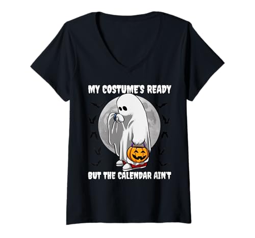 Damen Halloween Ghost Trick or Treat Lustiges Kostüm T-Shirt mit V-Ausschnitt Damen Halloween Ghost Trick or Treat Lustiges Kostüm T-Shirt mit V-Ausschnitt von Waiting On Halloween Ghost Sad Funny Emotional