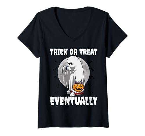 Damen Halloween Ghost Trick or Treat Lustiges Kostüm T-Shirt mit V-Ausschnitt Damen Halloween Ghost Trick or Treat Lustiges Kostüm T-Shirt mit V-Ausschnitt von Waiting On Halloween Ghost Sad Funny Emotional