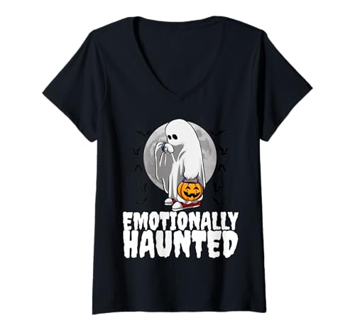 Damen Halloween Ghost Trick or Treat Lustiges Kostüm T-Shirt mit V-Ausschnitt Damen Halloween Ghost Trick or Treat Lustiges Kostüm T-Shirt mit V-Ausschnitt von Waiting On Halloween Ghost Sad Funny Emotional