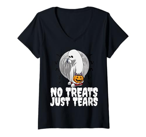 Damen Halloween Ghost Trick or Treat Lustiges Kostüm T-Shirt mit V-Ausschnitt Damen Halloween Ghost Trick or Treat Lustiges Kostüm T-Shirt mit V-Ausschnitt von Waiting On Halloween Ghost Sad Funny Emotional