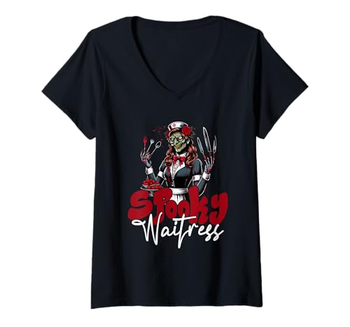 Damen Spooky Waitress Halloween Costume Cosplay Horror Witch T-Shirt mit V-Ausschnitt von Waitress Halloween Costume