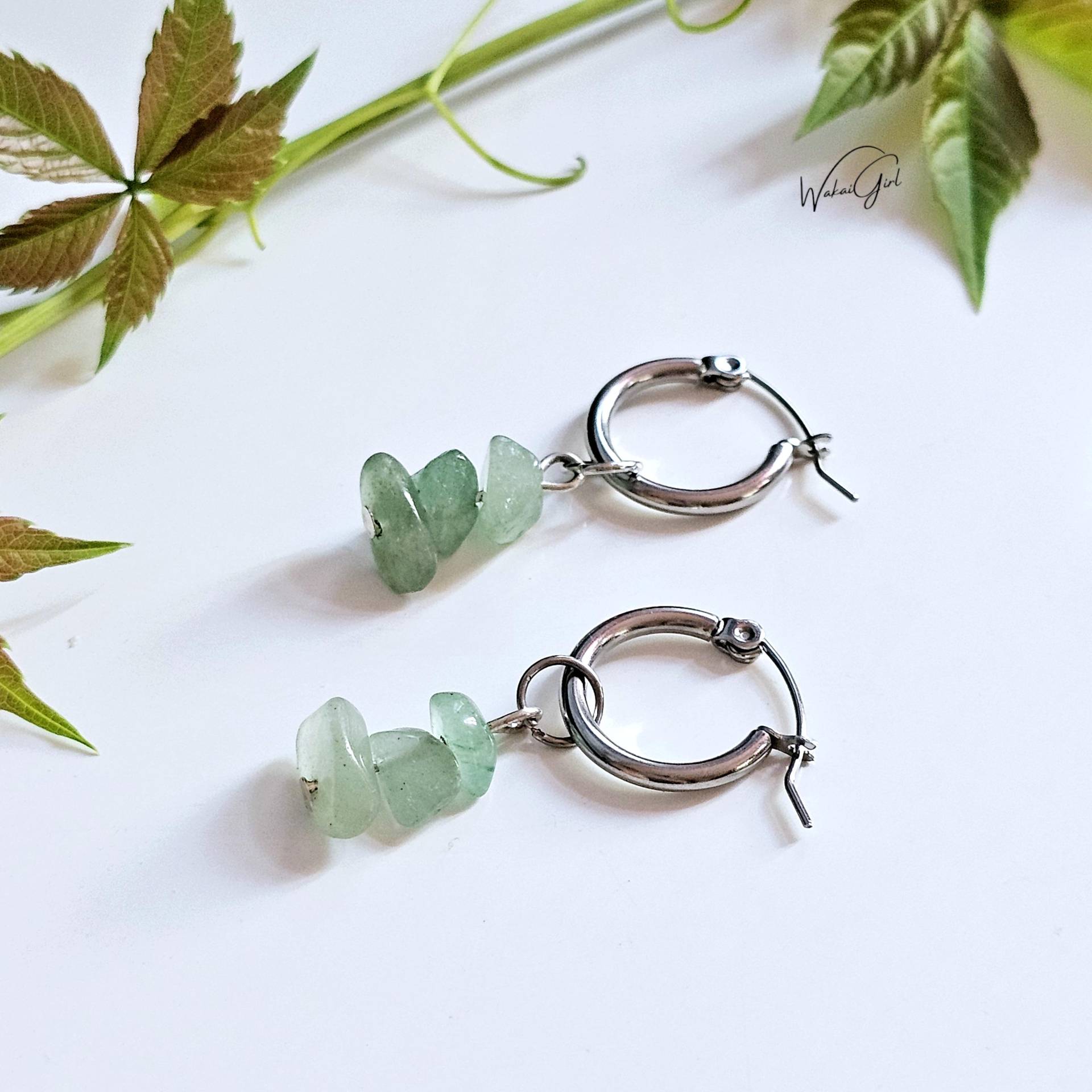 Aventurin Ohrringe Silber, Edelstahl Creolen Mit Anhänger, Handgemachte Grünem Stein, Unikat Schmuck, Geschenk Für Freundin von WakaiGirl