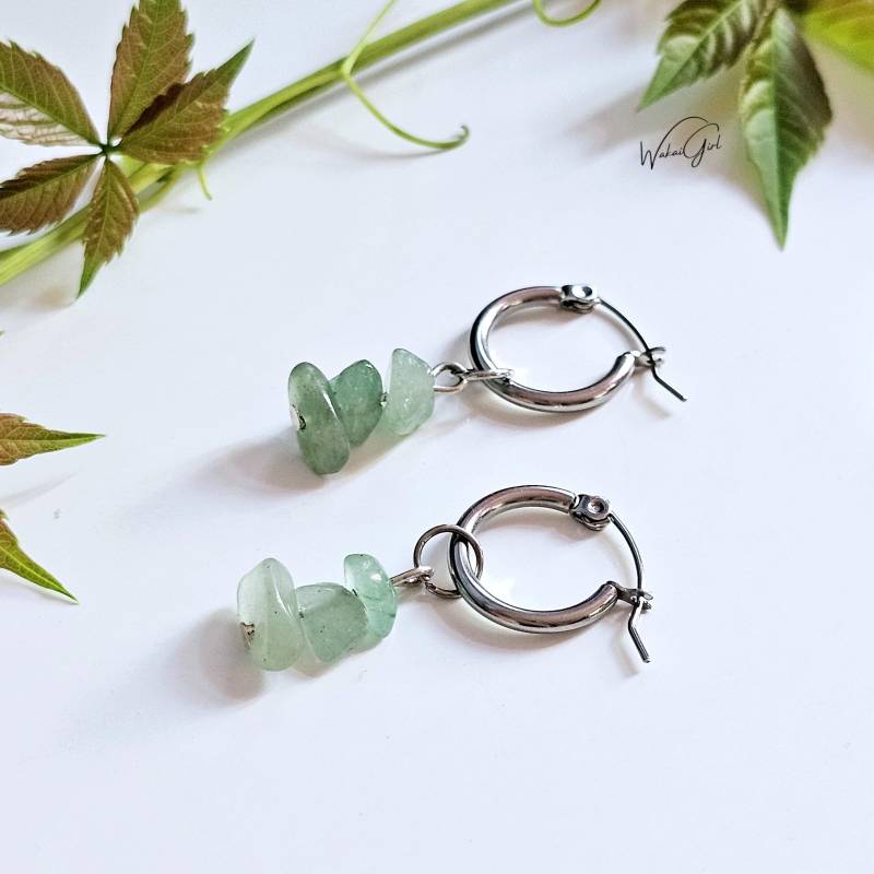 Aventurin Ohrringe Silber, Edelstahl Creolen Mit Anhänger, Handgemachte Grünem Stein, Unikat Schmuck, Geschenk Für Freundin von WakaiGirl