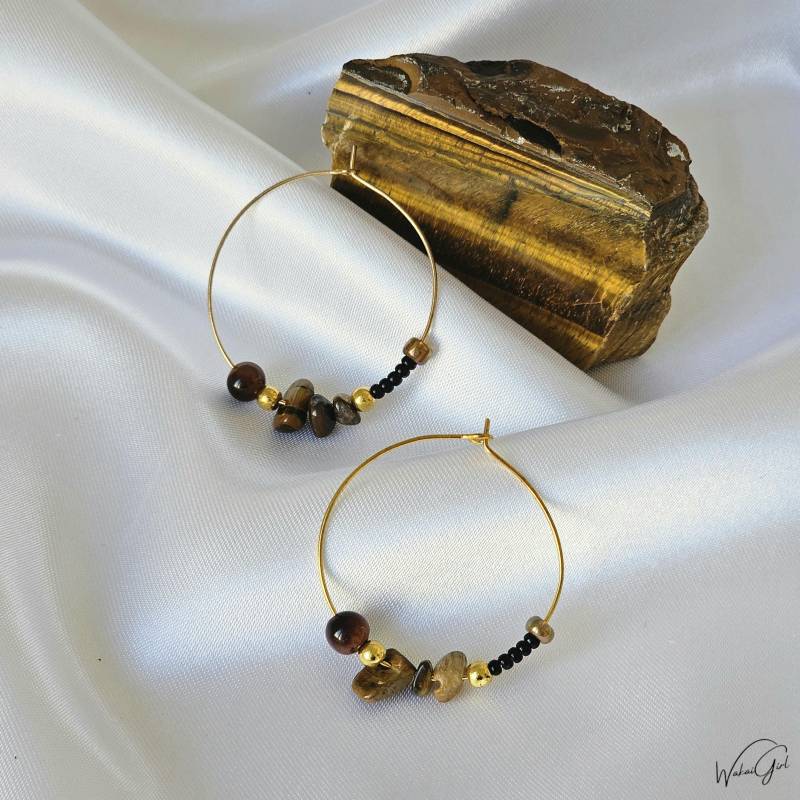 Boho Creolen Gold, Dünne 18K Vergoldet, Mit Perlen, Edelstein Ohrringe Gold Braun Schwarz, Handgemachte Heilstein von WakaiGirl