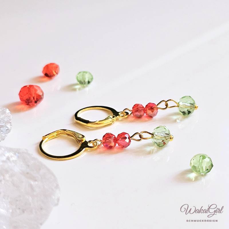 Weihnachten Ohrringe Gold, Perlenohrringe Rot, Glasperlenohrringe Hängend, Ohrhänger Glitzer, Edelstahl Hypoallergen, Handmade Geschenkidee von WakaiGirl