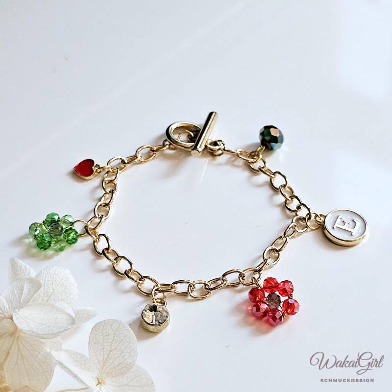 Initial Armband Perlen Anhänger - Gliederarmband Gold Mit Blumen, Bettelarmband Emaille, Schmuck Handmade, Armkette Edelstahl, Gift For Her von WakaiGirl