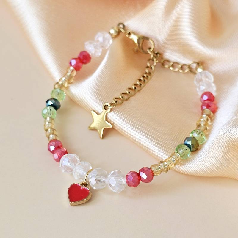 Weihnachten Armband Perlenarmband Rot Gold, Stern Glücksarmband, Handgemachtes Perlenarmband, Glitzer Glasperlen, Geschenk Für Tochter von WakaiGirl