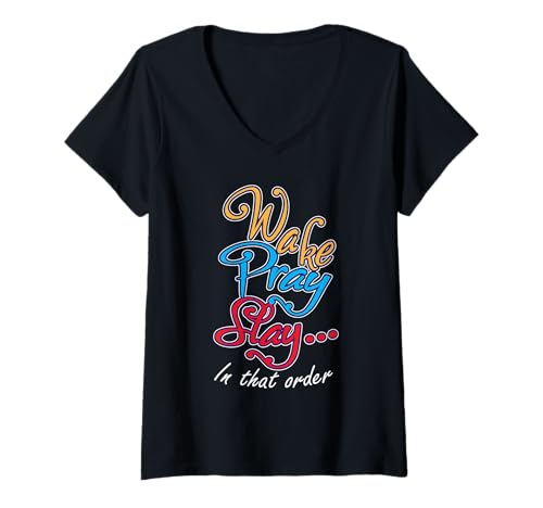 Damen Wake Pray Slay Religiöse Vintage Hardworking Christian T-Shirt mit V-Ausschnitt Damen Wake Pray Slay Religiöse Vintage Hardworking Christian T-Shirt mit V-Ausschnitt von Wake Pray Slay Religious Christian Gifts