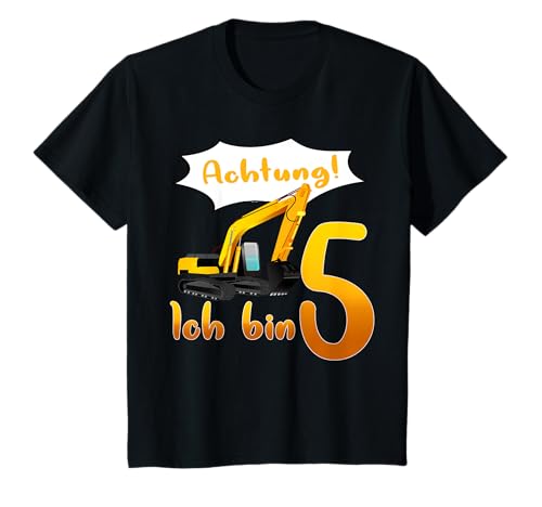 Achtung ich bin 5! Bagger Motiv Jungen 5 Jahre, Baustelle. T-Shirt Achtung ich bin 5! Bagger Motiv Jungen 5 Jahre, Baustelle. T-Shirt von Wake-X Kindergeburtstag, Design für Jungs