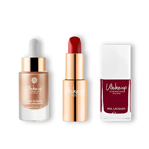 Wakeup Cosmetics - 3 Produkt-Kit - 1x Light Up Drops Liquid Illuminator (Gold Champagne), 1x Long Lasting Creamy Lipstick Everyday Hero a (Perfect Ruby), 1x Long Lasting Nail Polish (Cannelle) von WAKE UP COSMETIC MILANO