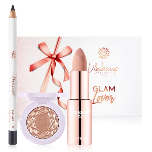 Wakeup Cosmetics - GLAM LOVER - 1 matter Lippenstift (COLOR VEIL 02) + 1 farbintensiver Lidschatten (Jet Black 1) + 1 metallischer oder satinierter Lidschatten (08 Caramel) von WAKE UP COSMETIC MILANO