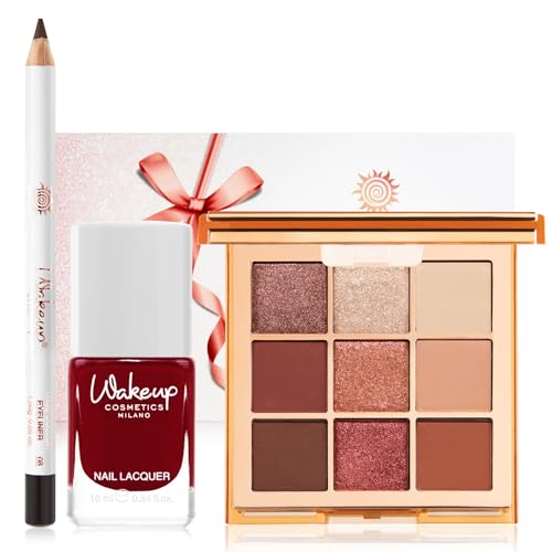 Wakeup Cosmetics - SPICY LOOK - 1 Lidschattenpalette mit 9 Farbtönen (02 SPICY) + 1 farbintensiver Augenstift (Black Diamond 8) + 1 langanhaltender Nagellack (Coquette) von WAKE UP COSMETIC MILANO