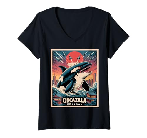 Damen Lustiges Orcazilla Wal Schwertwal Orca T-Shirt mit V-Ausschnitt Damen Lustiges Orcazilla Wal Schwertwal Orca T-Shirt mit V-Ausschnitt von Wal Geschenke Herren Damen Jungen Mädchen