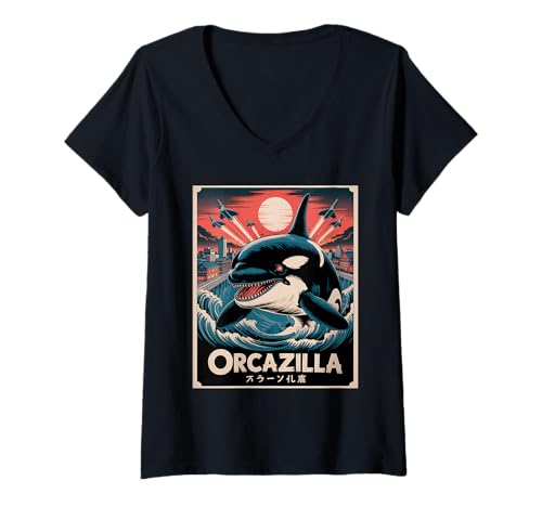 Damen Lustiges Orcazilla Wal Schwertwal Orca T-Shirt mit V-Ausschnitt Damen Lustiges Orcazilla Wal Schwertwal Orca T-Shirt mit V-Ausschnitt von Wal Geschenke Herren Damen Jungen Mädchen