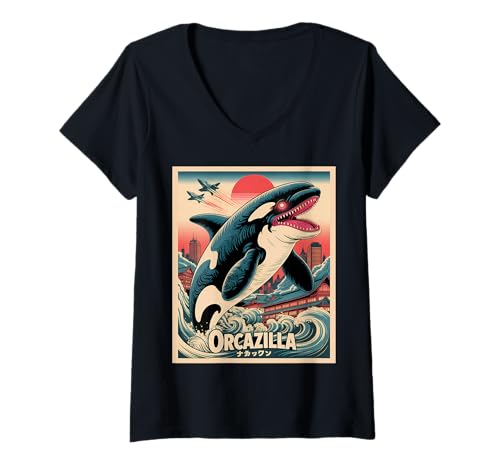 Damen Lustiges Orcazilla Wal Schwertwal Orca T-Shirt mit V-Ausschnitt Damen Lustiges Orcazilla Wal Schwertwal Orca T-Shirt mit V-Ausschnitt von Wal Geschenke Herren Damen Jungen Mädchen