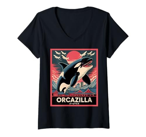 Damen Lustiges Orcazilla Wal Schwertwal Orca T-Shirt mit V-Ausschnitt Damen Lustiges Orcazilla Wal Schwertwal Orca T-Shirt mit V-Ausschnitt von Wal Geschenke Herren Damen Jungen Mädchen