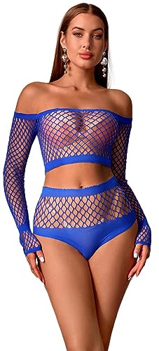 Walang Damen Ausschnitt Fischnetz Sexy Dessous Set Durchsichtige Shirts Reizwäsche Langarm Sexy Top und Unterteil Party Club Kostüm Set Baby Dolls (Blau) von Walang