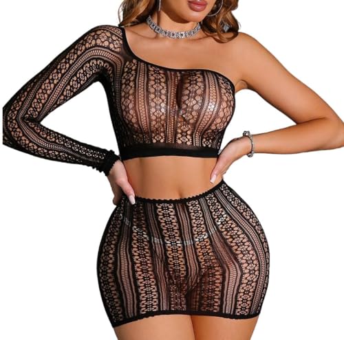 Walang Damen-Babydoll-Netzset mit Ausschnitt, eng anliegendem One-Shoulder-Oberteil und Minikleid, Stretch-Clubwear-Set, Größen S–XL (Schwarz) von Walang