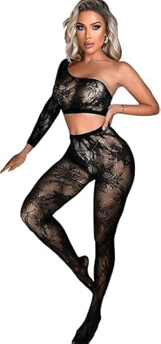 Walang Damen Babydoll Stretch Fishnet Hollow Out One Shoulder+Tight Lingerie Set Club Outfits (Schwarz) von Walang
