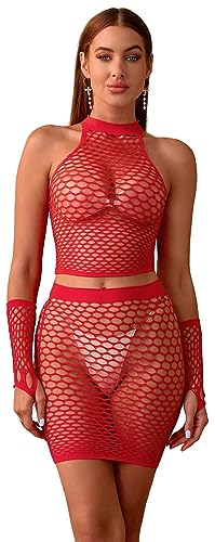 Walang Damen Dessous Fischnet Mesh Lingerie Bodysuit Netz Top + Wrap Rock + Sexy Hand Socken Mini Dress Party Hollow Out Outfits Exotische Set (Rot) von Walang