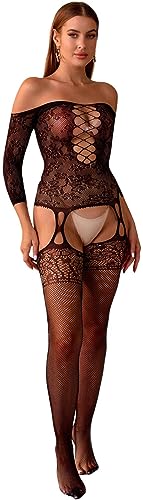 Walang Damen Dessous Mesh Spitze Bodystocking Netz Bodysuit Schulterfrei Chemise Strumpfhalter Reizwäsche Ausgeschnitten Strumpfhose Unterwäsche Bodys (Schwarz) von Walang