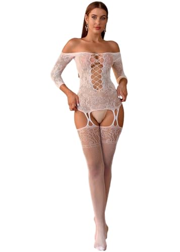 Walang Damen Dessous Mesh Spitze Bodystocking Netz Bodysuit Schulterfrei Chemise Strumpfhalter Reizwäsche Ausgeschnitten Strumpfhose Unterwäsche Bodys (Weiß) von Walang