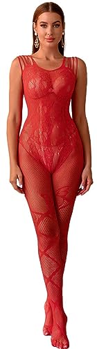 Walang Damen Dessous Minikleid Fischnetz-Badydoll Netz Strumpfhosen Strümpfe Gestreiftes Kleidung BabyDolls Unterwäsche Bodycon (Rot) von Walang