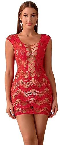 Walang Damen Dessous Minikleid Strumpfhosen Netzstrumpfhosen Gestreifte Sexy Hüftrock Partykleid Clubwear Sexy Hautenges Kleid (Rot) von Walang