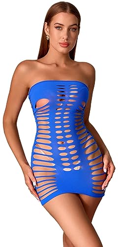 Walang Damen Fischnetz Sexy Mesh Minikleid Chemise Bodysuit Ausschnitt KleidBrustträger Rock Reizwäsche Clubwear Partykleid Babydoll Kleider (Blau) von Walang