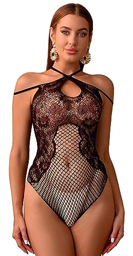 Walang Damen Floral Spitze Fishnet Dessous Teddy Halter Bodysuit Mesh Lingerie Leotard Top Sexy Shapewear Clubwear Babydoll Spitzenblumen (Schwarz) von Walang