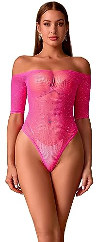 Walang Damen Sexy Bodysuit mit Strassstein Fischnetz Langarm Dessous Trägerlos Kleid Tops Sexy Outfits Baby Dolls Negligees (Rose) von Walang