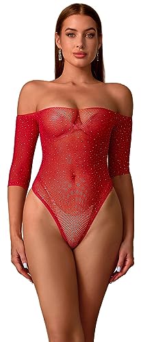 Walang Damen Sexy Bodysuit mit Strassstein Fischnetz Langarm Dessous Trägerlos Kleid Tops Sexy Outfits Baby Dolls Negligees (Rot) von Walang