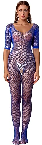 Walang Damen Sexy Fischnetz Mesh Bodystockings Reizwäsche in einem Stück Schulterfreier Jumpsuit Unterwäsche Baby Dolls Tights Strumpfhose (Blau) von Walang