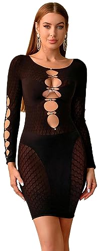 Walang Damen Sexy Kleid mit glitzernden Strasssteinen Bodystocking Langarm-Fischnetz Rock Ausgeschnitten Vorne Hot (Schwarz) von Walang