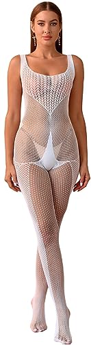 Walang Damen Sexy Mesh Dessous Fischnetz Outfit Ärmellos Bodysuits BodyStocking DessousEin Stück Tanz Yoga Jumpsuit Unterwäsche (Weiß) von Walang