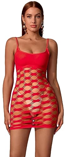 Walang Damen Sexy Mesh Dessous Fishnet BodyStocking Stretchy Durchsichtiges Bodysuits Ein Stück Neckholder Wickelkleid Baby Dolls Unterwäsche (Rot) von Walang