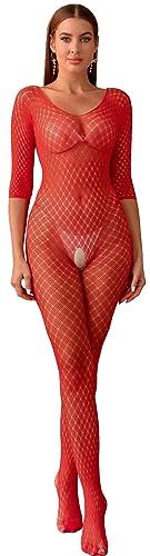 Walang Damen Sexy Netzstrümpfe Dessous Reizwäsche Mesh Bodysuit Rückenstrumpfhosen Ausgeschnittene Shapewear Baby Dolls Fishnet (Rot) von Walang