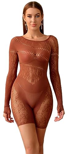 Walang Damen Shapewear Figurformende Kleidung Kurze Hüfte Lift Hose Spitze Bodysuit Strassstein Ausschnitt Partykleid Sexy Jumpsuit (Braun) von Walang