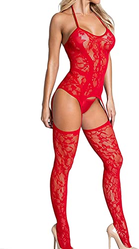 Walang Dessous für Frauen Sexy Santa Lingerie Set Babydoll Chemise Nachtwäsche Nachthemd Spitze Strumpf (Rot) von Walang