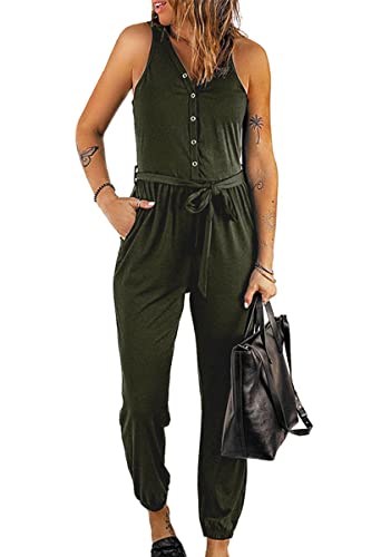 Walant Damen-Jumpsuit, ärmellos, V-Ausschnitt, einfarbig, sexy, Knopf, Camisole, Jumpsuit, Sommer, schick, schmal, elastisch, lässige Hose, Armee grün, 38 von Walant