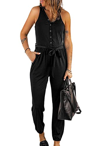 Walant Damen-Jumpsuit, ärmellos, V-Ausschnitt, einfarbig, sexy, Knopf, Camisole, Jumpsuit, Sommer, schick, schmal, elastisch, lässige Hose, Schwarz , 46 von Walant