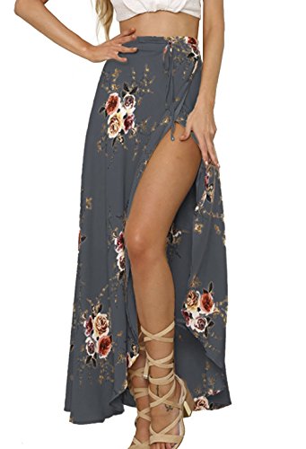 Walant Damen Langrock, Strandkleid, Sommer, Blumendruck, elegantes Kleid, Boho, Chiffon, unregelmäßig, vorne geschlitzt, sexy Röcke, hohe Taille, dünn Gr. XL, grau von Walant