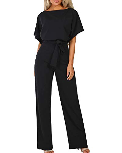 Walant Damen Overall, Kurzarm, Rundhalsausschnitt, Unifarben, Jumpsuit, für den Sommer, Chic, Elegant, schmal, weite Hose, lässiger Stil, mit Gürtel, Schwarz 1, L von Walant