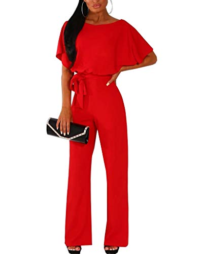 Walant Damen Overall, Kurzarm, Rundhalsausschnitt, Unifarben, Jumpsuit, für den Sommer, Chic, Elegant, schmal, weite Hose, lässiger Stil, mit Gürtel, rot, XXL von Walant