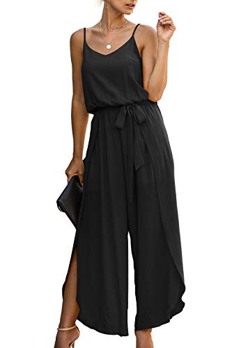 Walant Frauen Jumpsuit Sommer Rückenfrei Ärmellos V-Ausschnitt Seitengabel Einfarbig Camisole Strampler Jumpsuit Sommer Chic Elegant Loose Casual, Schwarz , 38 von Walant