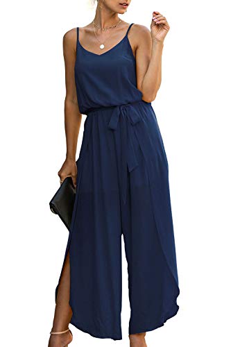 Walant Damen-Overall, Sommer, rückenfrei, ärmellos, V-Ausschnitt, Seitengabel, einfarbig, Camisole, Strampler Jumpsuit, schick, elegant, Loose Casual, blau, Large von Walant