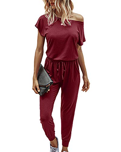 Walant Damen-Jumpsuit, kurzärmelig, Rundhalsausschnitt, einfarbig, Jumpsuit, Sommer, schick, Slim, Hose, elastischer Bund, lässiger Playsuit mit Taschen, Weinrot, 46 von Walant