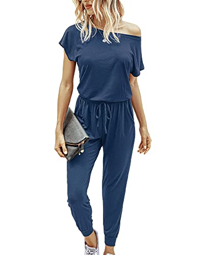 Walant Damen-Overall, kurzarm, Rundhalsausschnitt, einfarbig, Strampler Jumpsuit, Sommer, schick, Slim, Hose, elastisch, lässig, mit Taschen, marineblau, 38 von Walant