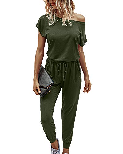 Walant Damen-Jumpsuit, kurzärmelig, Rundhalsausschnitt, einfarbig, Jumpsuit, Sommer, schick, schmal, Hose, elastischer Bund, lässig, Playsuit mit Taschen, Armee grün, 42 von Walant