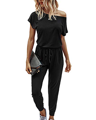 Walant Damen-Jumpsuit, kurzärmelig, Rundhalsausschnitt, einfarbig, Jumpsuit, Sommer, schick, schmal, Hose, elastischer Bund, lässig, Playsuit mit Taschen, Schwarz , 36 von Walant